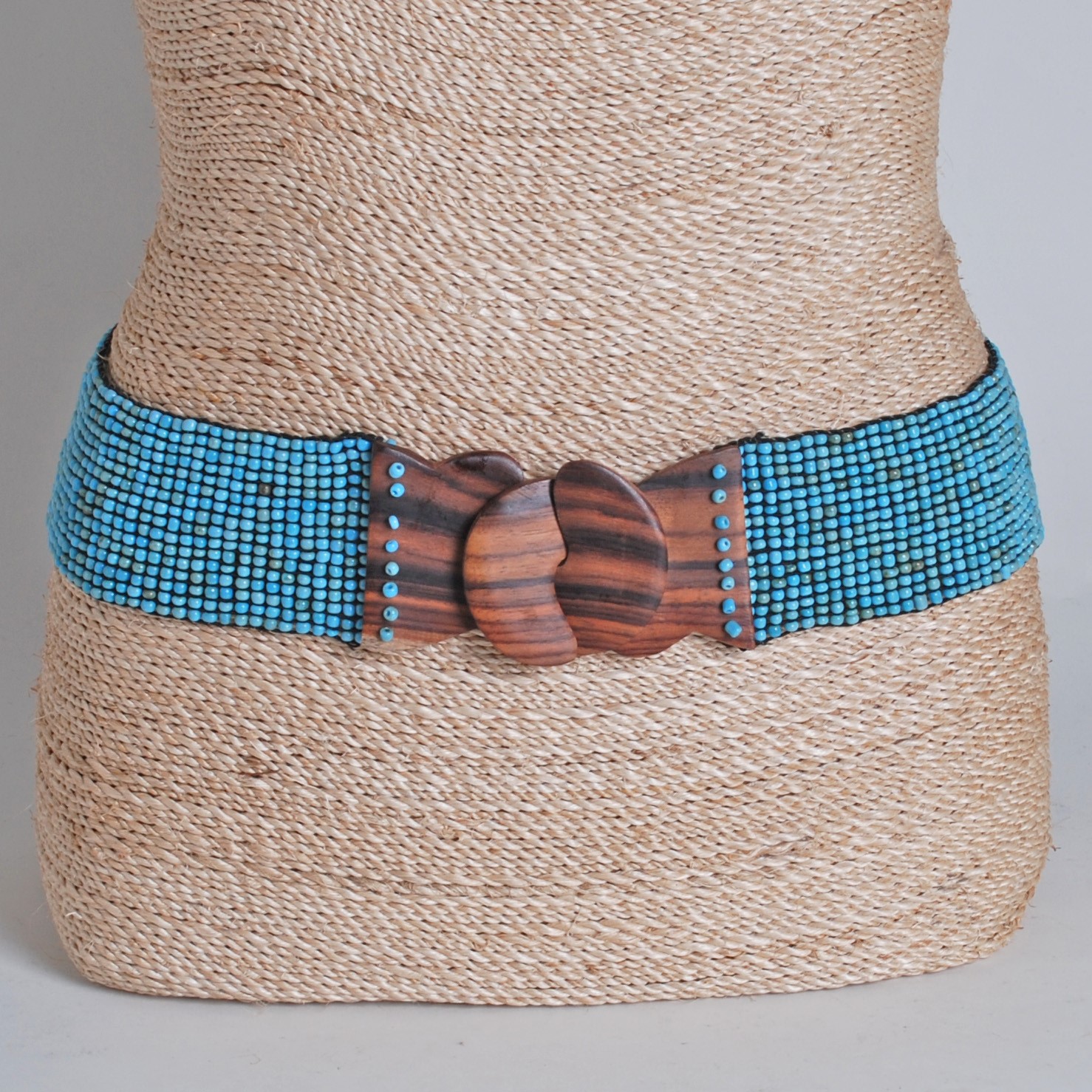 Vintage Iridescent Blue Beaded Stretch Waist Belt with Wooden Buckle Buy Handcrafted Turquoise Southwestern Seed Beaded Stretch  main image 3